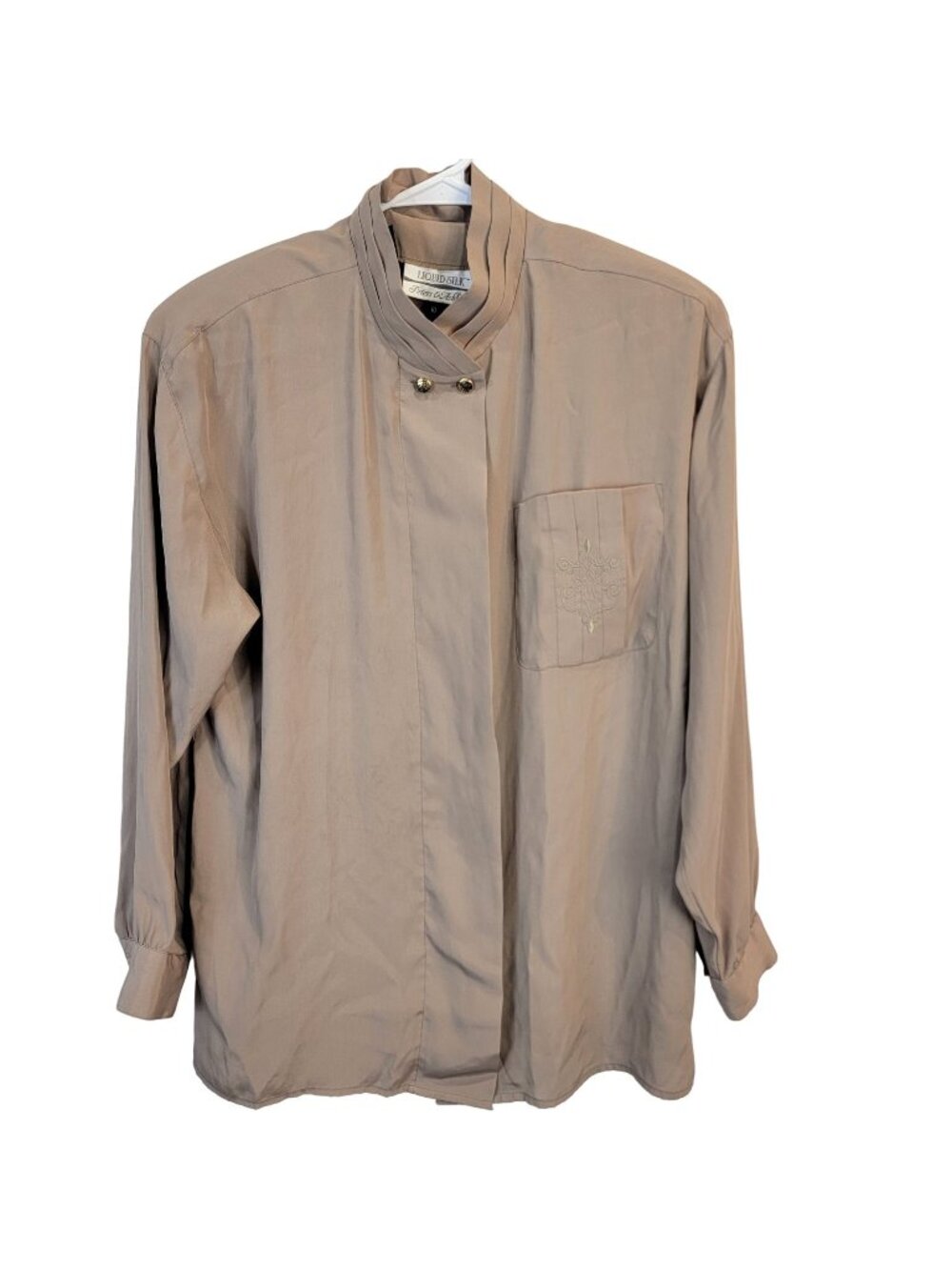 Vintage 80s Blouse Shirt Women 10 Large Button Top Tan Silver Fall Retro Formal